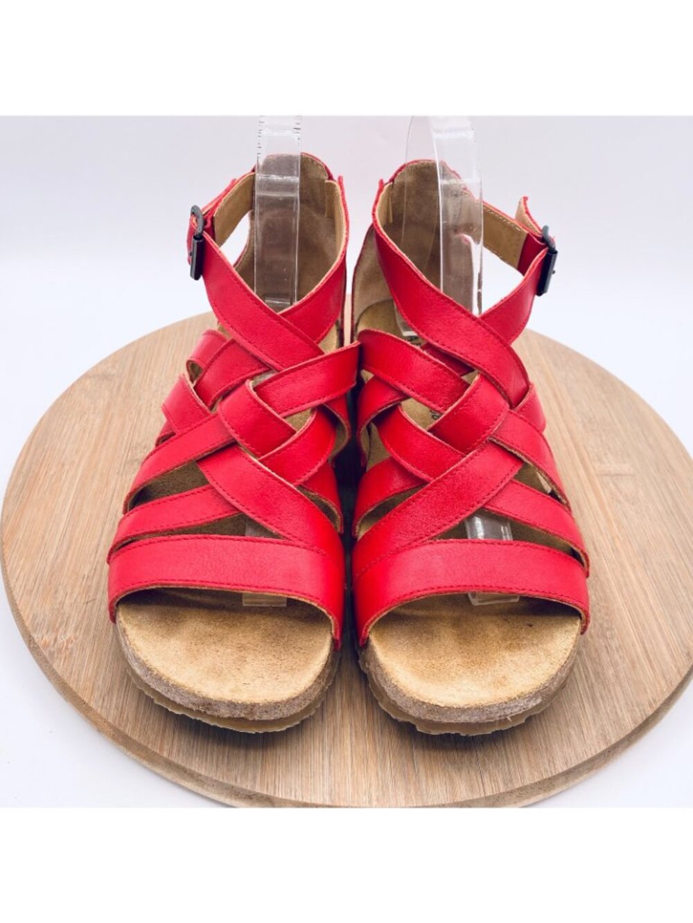 Haflinger Sandals Womens 7 38 Red Leather Ankle Strap Flats Peep Germany - Picture 3 of 13